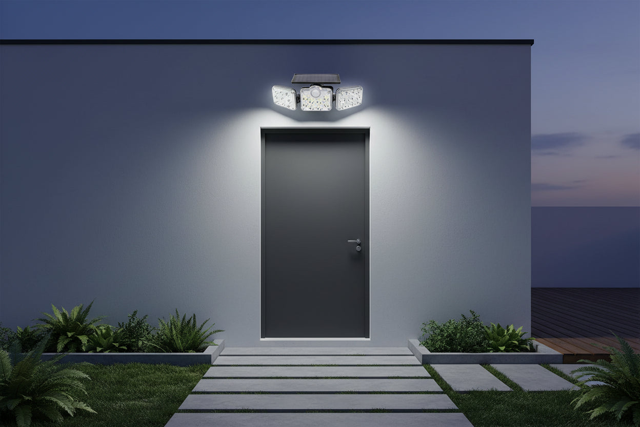 LED PROŽEKTORIUS su SAULĖS BATERIJA IP65 138 SMD PIR SU PULTU