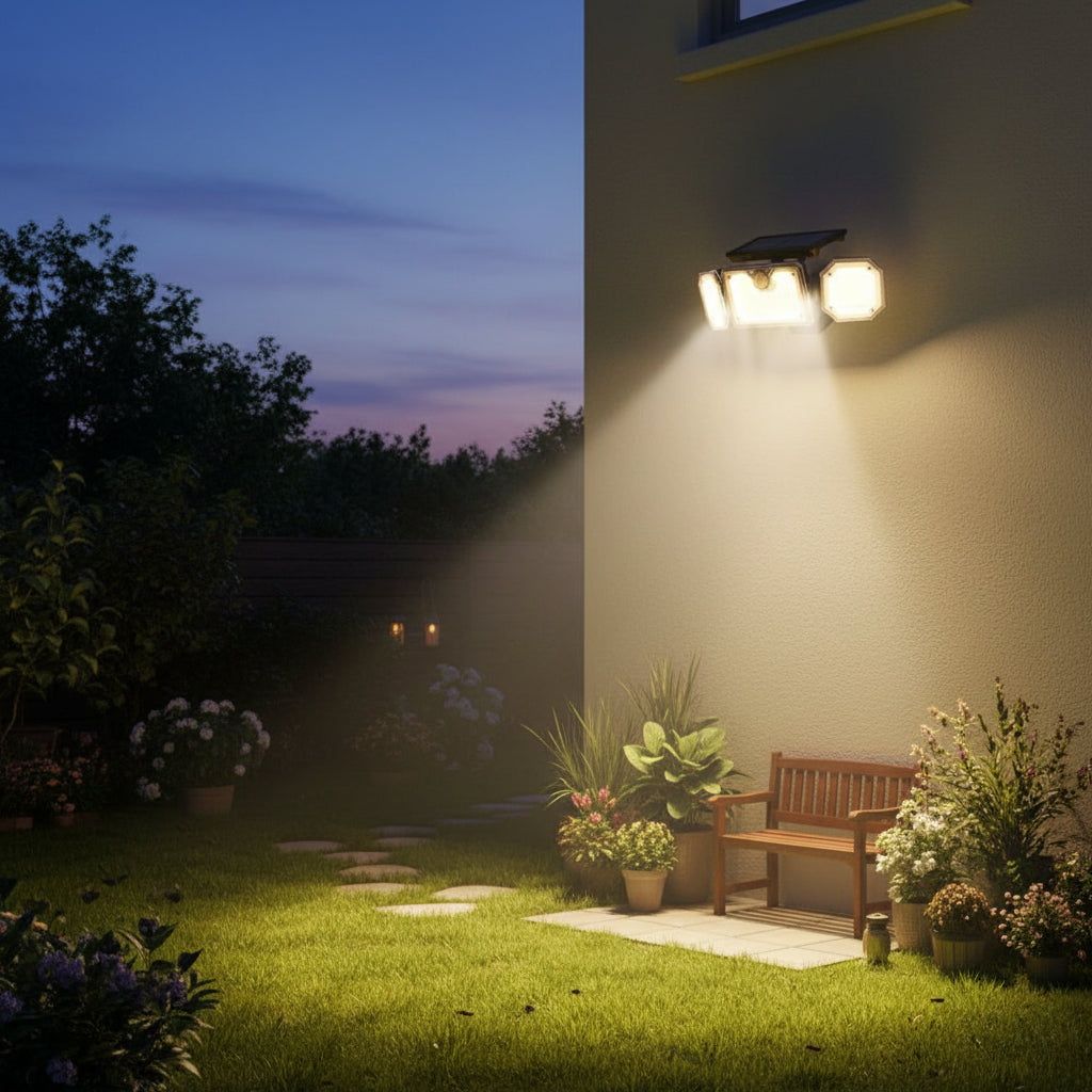 LED PROŽEKTORIUS SU SAULĖS BATERIJA IP44 226xSMD PIR SU PULTELIU