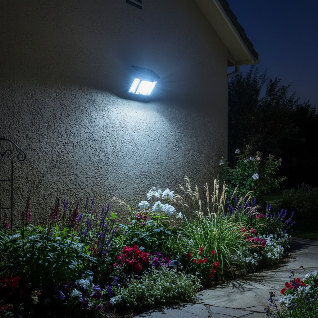 LED PROŽEKTORIUS SU SAULĖS BATERIJA IP65 172xSMD PIR SU PULTELIU