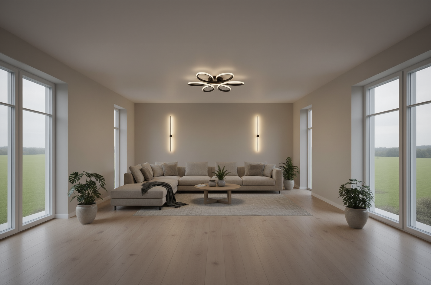 Wide perspective living room with Virgo and Catrina lighting